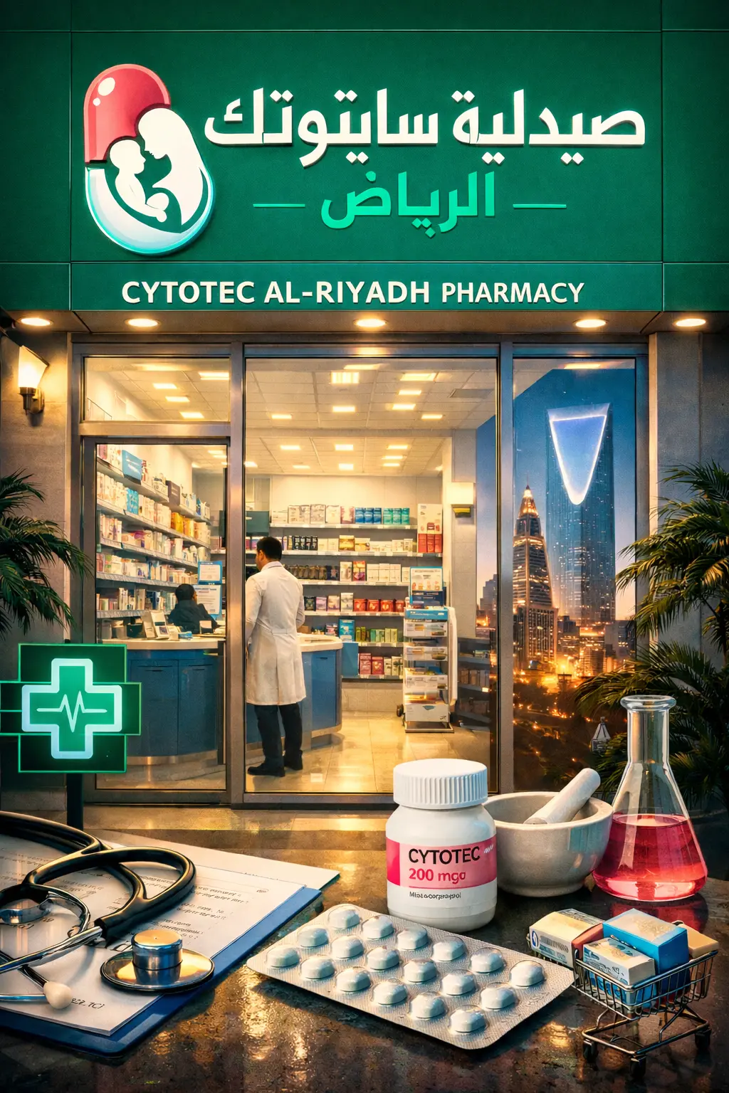 سايتوتك الرياض داخل صيدلية حديثة مع توضيح الأدوية والخدمات الطبية
